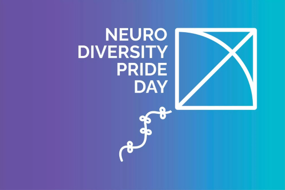 De Engelse tekst: 'Neurodiversity Pride Day' met een abstracte tekening van een vlieger.