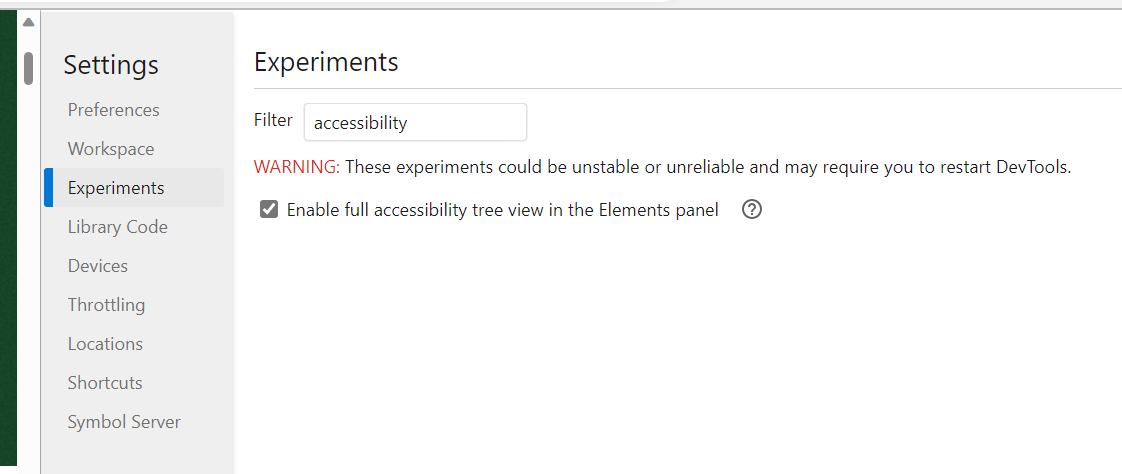 De accessibility tree staat aan bij experimentele opties