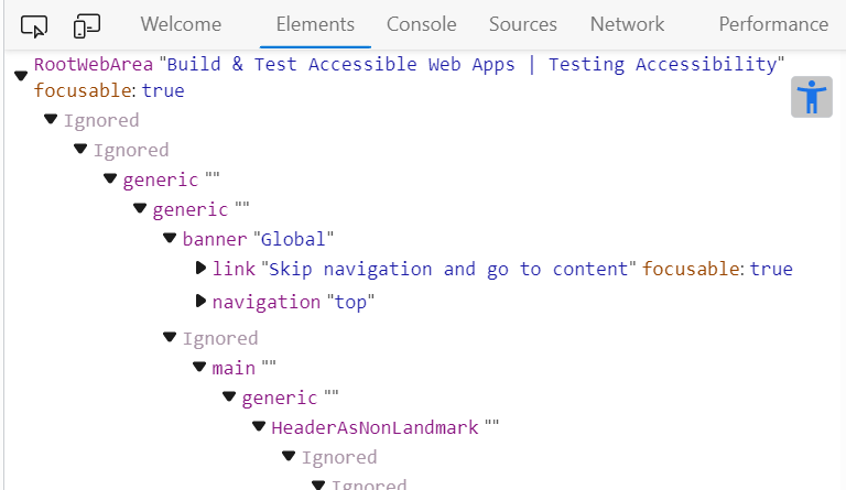 Voorbeeld van de accessibility tree die aan staat, waarbij alle elementen met hun toegankelijkheidseigenschappen in een boomstructuur staan